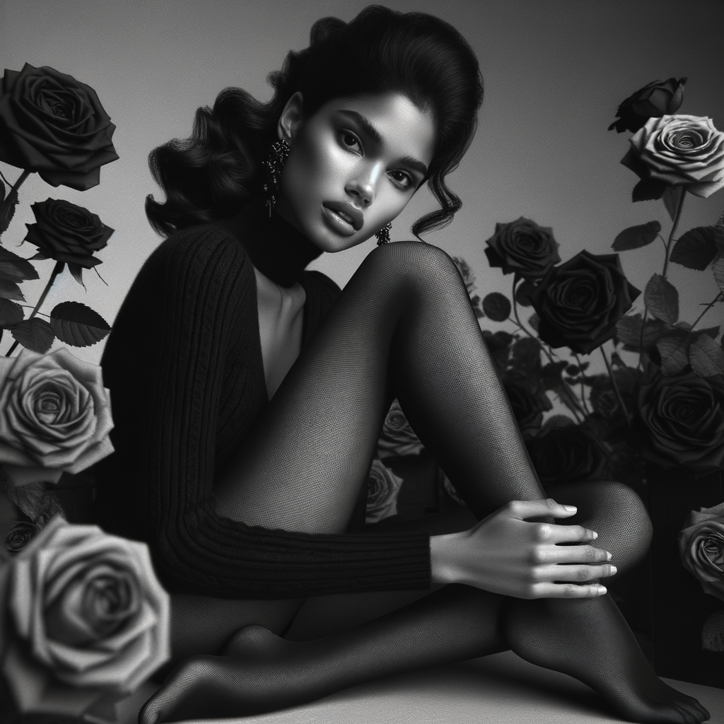 Photographie artistique en noir et blanc, portrait de mode, femme assise face aux roses, pieds nus, authentique, collants noirs UHD. Très détaillé, très réaliste.