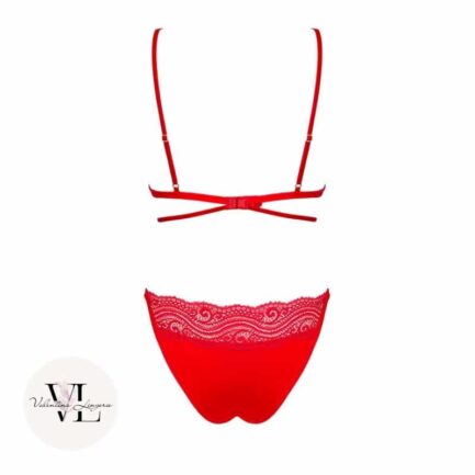 lingerie pour femme, de couleur rouge, bas culotte et haut soutien-gorge en dentelle rouge et lanières décoratives