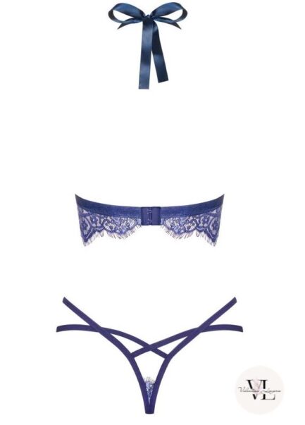 ensemble deux pièces en dentelle - valentina lingerie, soutien-gorge et string en dentelle et lanières bleu