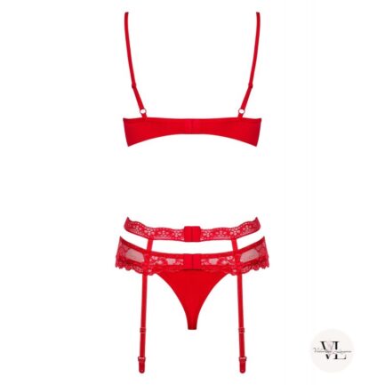 ensemble en dentelle rouge trois pièces : soutien-gorge string et porte-jarretelles rouge en dentelle et résille.